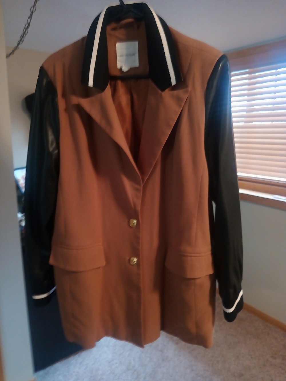 Womens Two-Tone Brown Coat with Black Faux Leather Sleeve 29 Length,20 Width